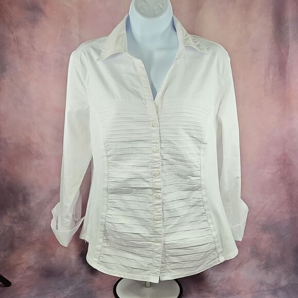 🩵Zac & Rachel White Pleated Button Front Adjustable Long Sleeve Top Large - Picture 4 of 16